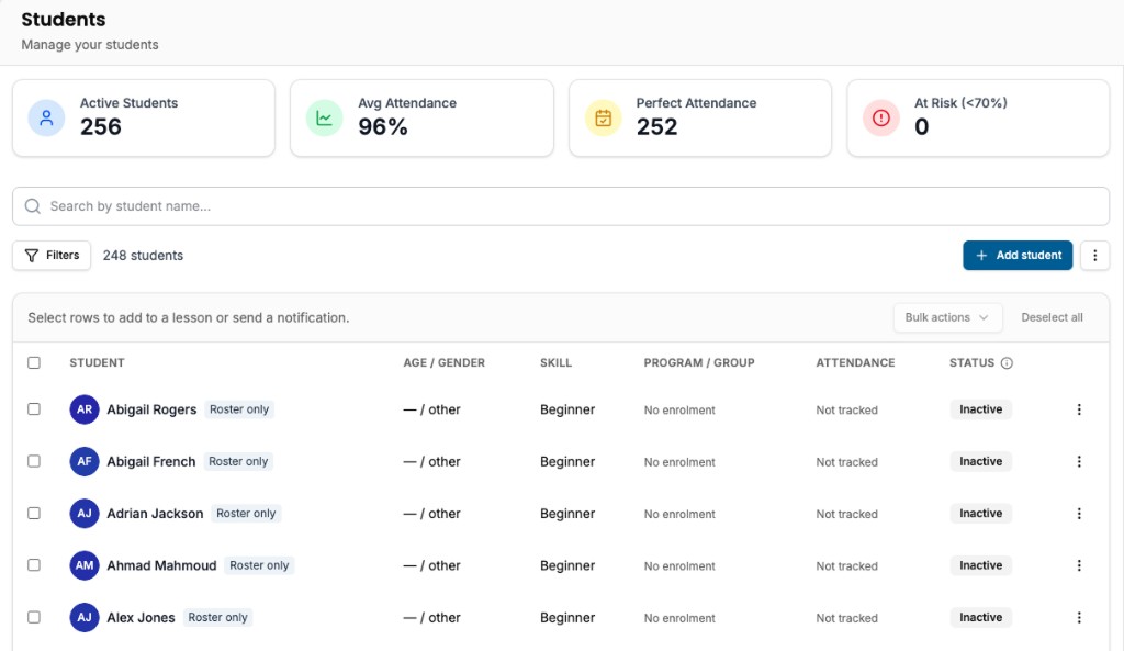 Students page in the owner dashboard with summary stats, search, filters, bulk actions, and roster list