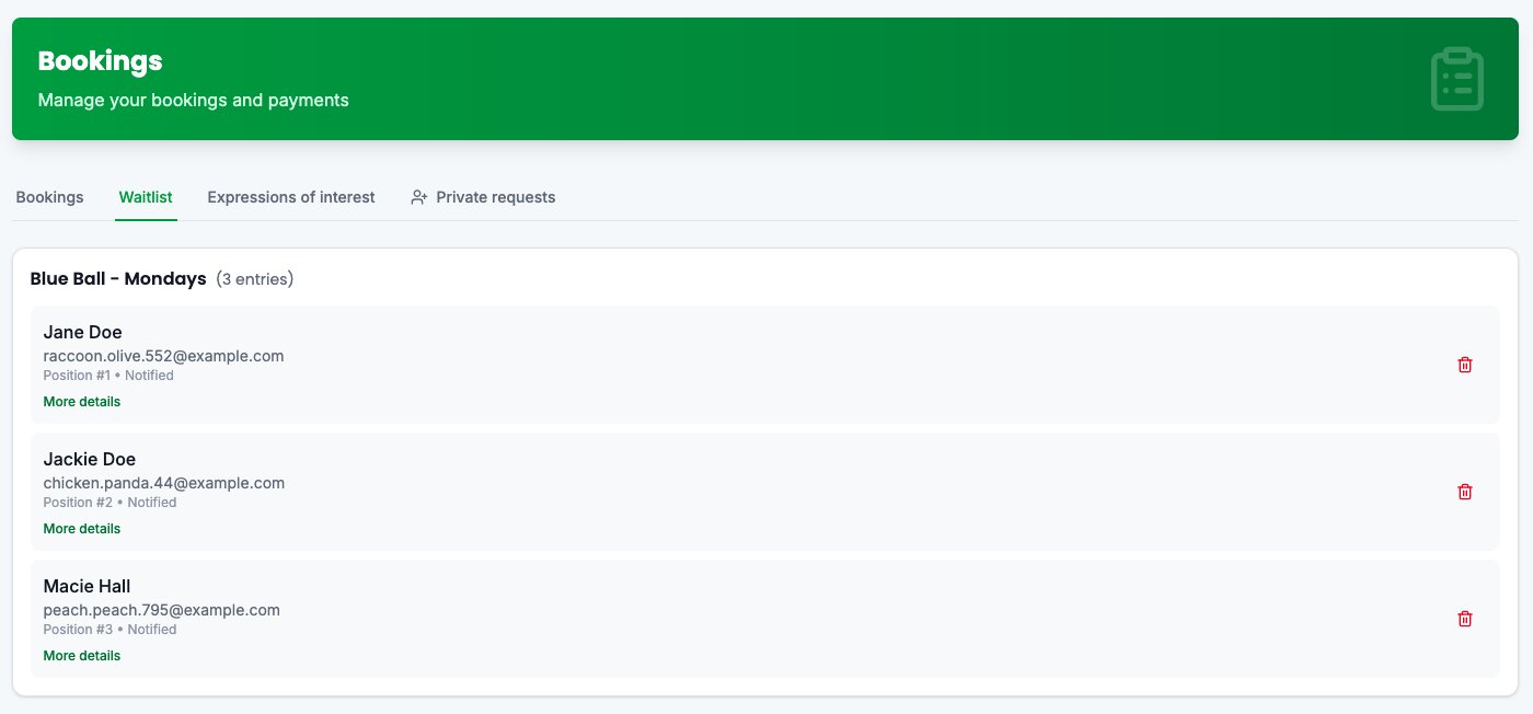 Waitlist entries in Bookings showing notified status and claim expiry
