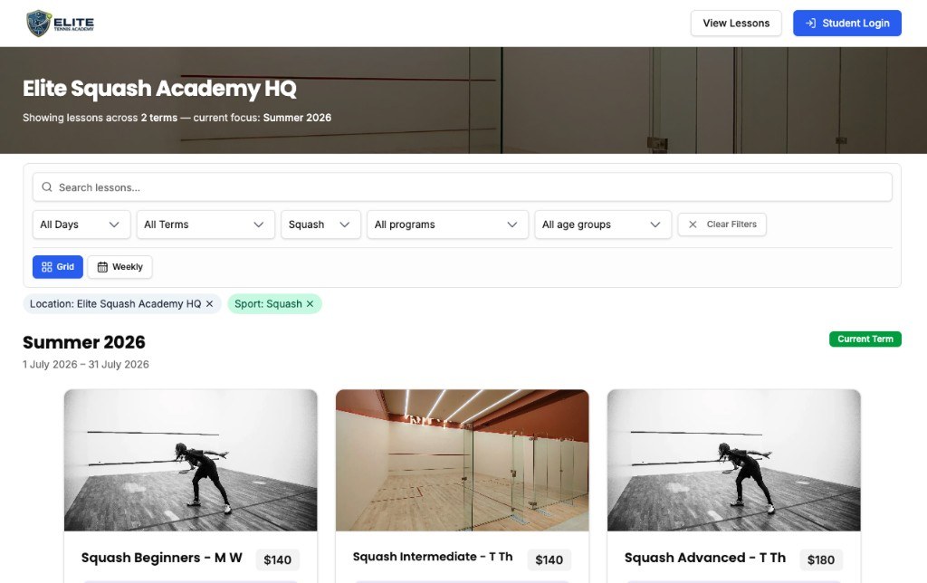 Elite Squash Academy HQ public lessons page with squash filters and Summer 2026 lesson cards