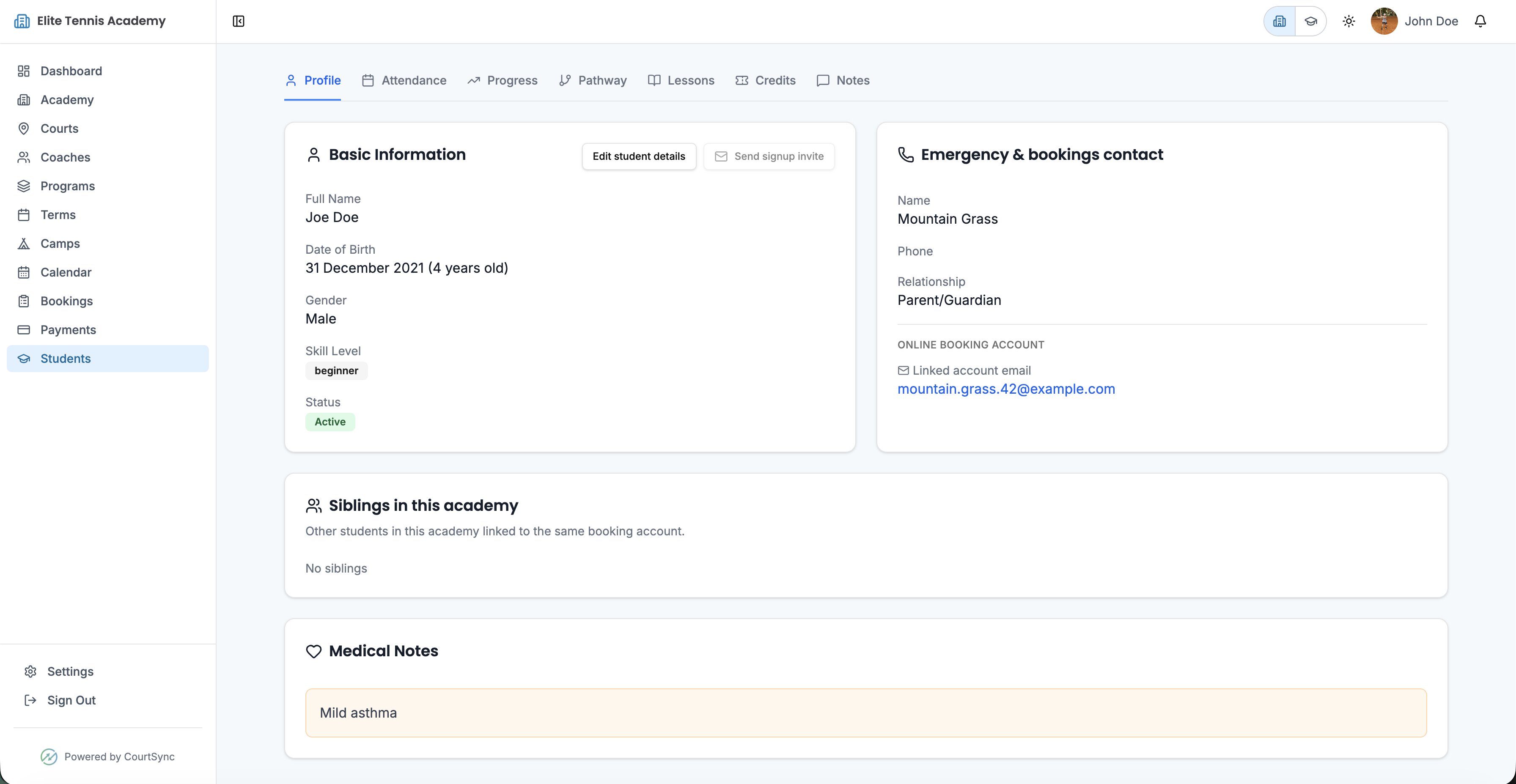 Student roster, guardian links, attendance, and program progress in tennis academy software - CourtSync