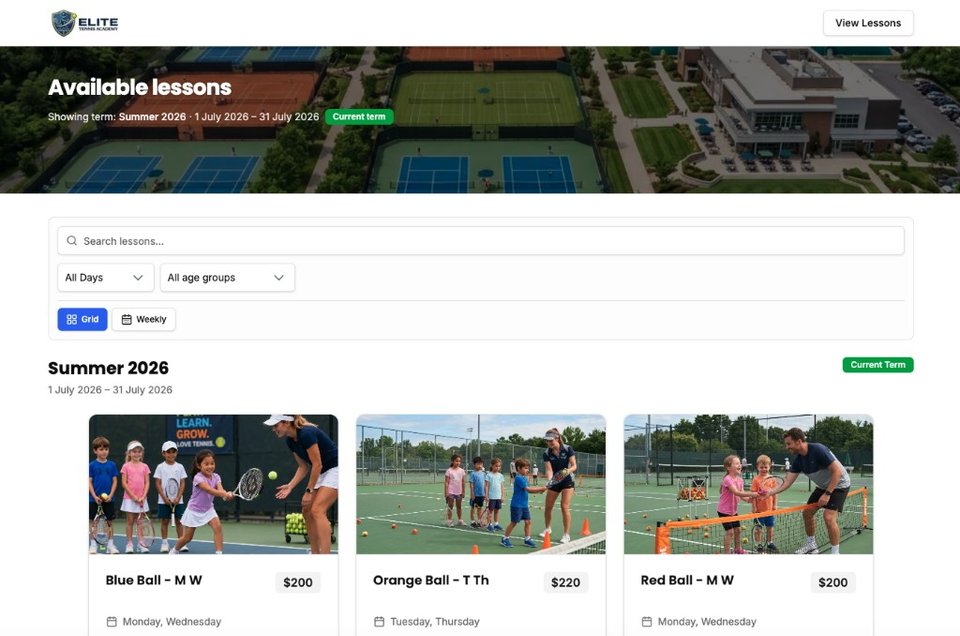 Elite Tennis Academy public lessons page showing Summer 2026 term lessons with search, filters, and lesson cards
