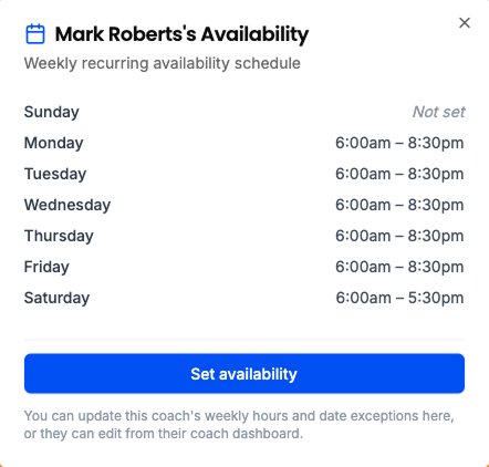 CourtSync coach availability modal showing Mark Roberts's weekly recurring schedule