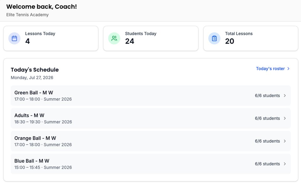 CourtSync coach dashboard showing today's schedule, lesson counts, and student enrolments for Elite Tennis Academy