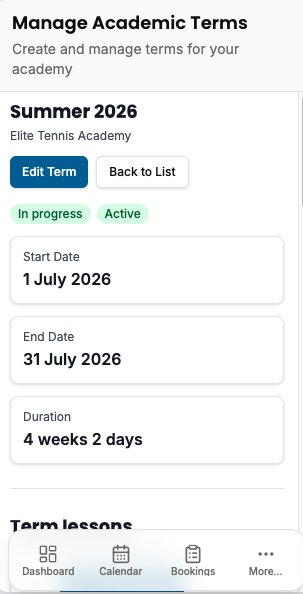 CourtSync mobile app showing Summer 2026 term details, dates, and status for Elite Tennis Academy