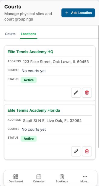 CourtSync mobile locations screen listing academy venues, addresses, and court status