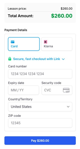 CourtSync mobile checkout screen showing lesson total and secure card payment form