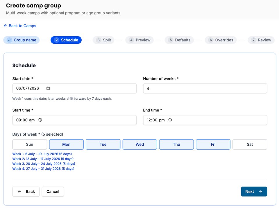 CourtSync multiple camp creation wizard on the schedule step, showing multi-week camp dates and weekday selection