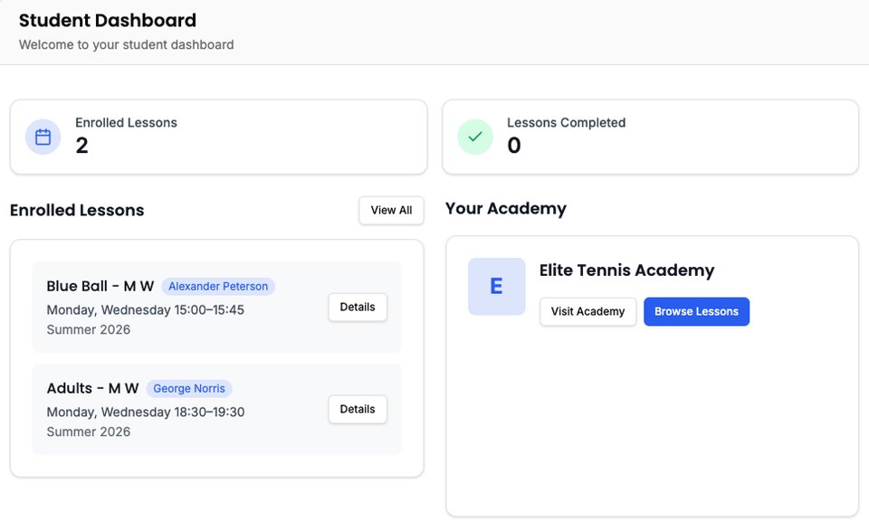 CourtSync student dashboard showing enrolled lessons, completion stats, and academy shortcuts