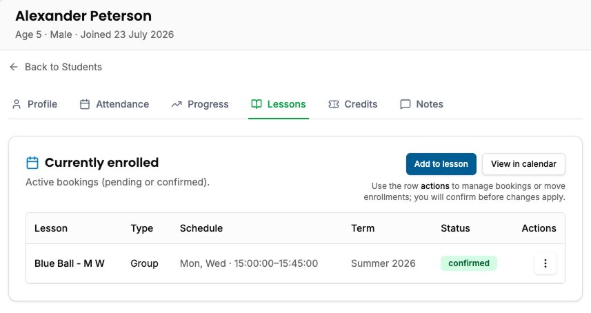 CourtSync student profile lessons tab showing Alexander Peterson enrolled in Blue Ball and Adults group lessons
