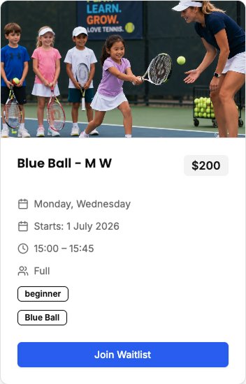 CourtSync lesson card for a full Blue Ball class with a Join Waitlist button